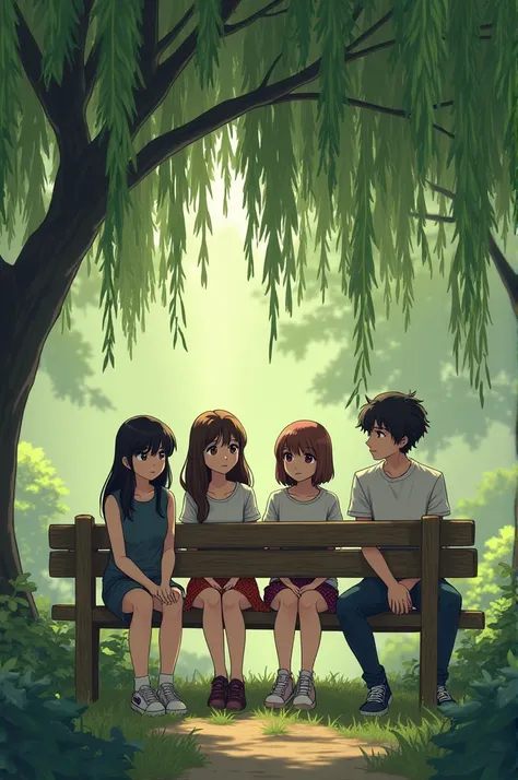 - Image:  Friends sitting on a bench under a weeping willow . Three girls and a boy, one with a dull face and one with a worried face. 