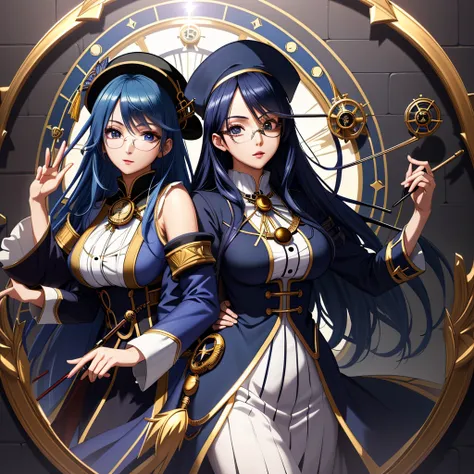 woman anime style,alchemist costume,dark blue hair,academic cap,academic gown,((monocle glass)),beautiful contoured face,sharp face,細い頬,masterpiece,cel shading,(cowboy_shot),(perfect anatomy),beautiful detailed shadows,detailed eyes,Incredibly Absurd,compl...