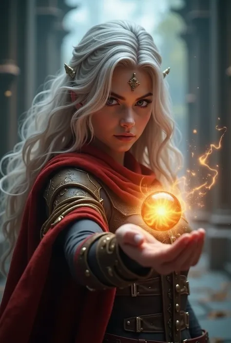 28 years old female sorceress for fantasy fps game: She has long wavy hair (white in overall & red highlight for a little) , casting magic orb on her hand