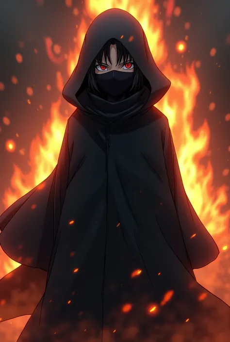 A boy in a black Akatsuki robe with a hooded mask and fire in the background looking like Itachi 
 