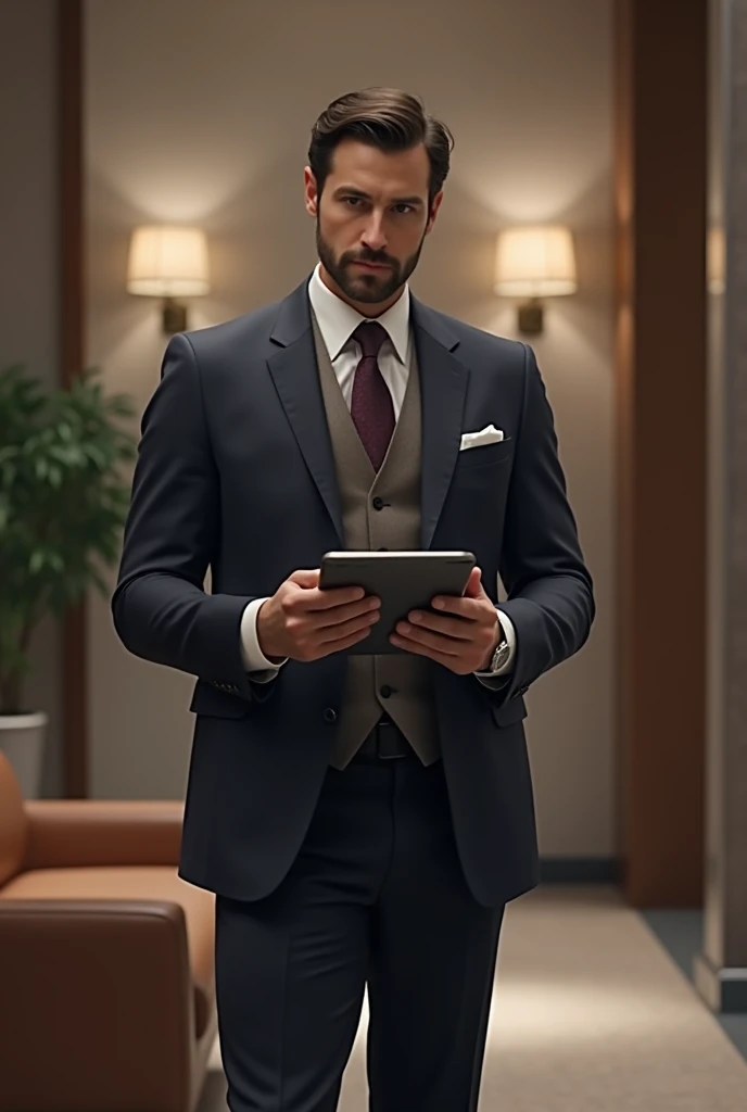 Draw me the character Ray from the movie The Gentlemen, in a suit with a vest, with a Samsung tablet in his hand, and hes standing in the reception area