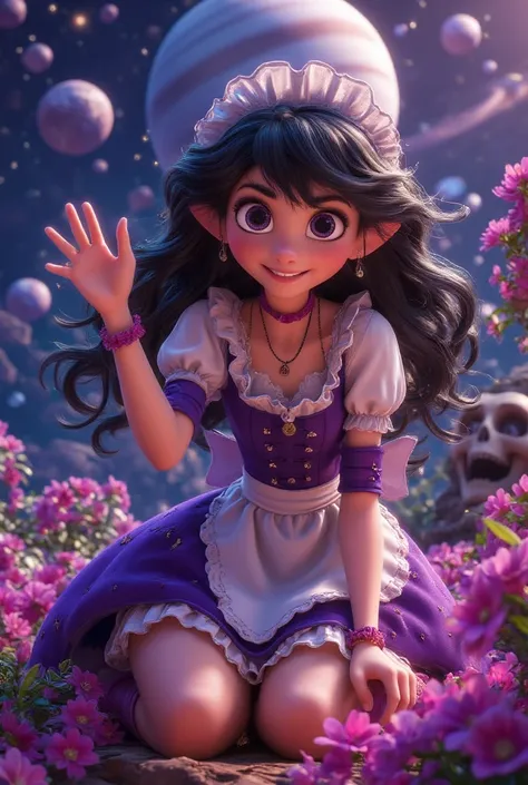 elucia de lute ima 1girl, purple maid dress, jewelry, black hair, flowing hair, short hair, maid dress with a short skirt and layers, pink laces, pink boots, purple dress with transparency, gold details on her clothes, skull,  more details, perfectly body,...