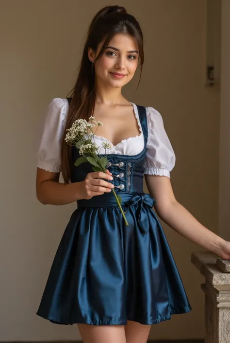  Realistic upper body portrait of a young Spanish brunette aged 23 with long hair,  ponytail , hairband, smile.  She poses in front of the camera in a short dark blue satin dress with a satin apron ..., Oktoberfest,glamour fotoshooting, Wedding celebration...