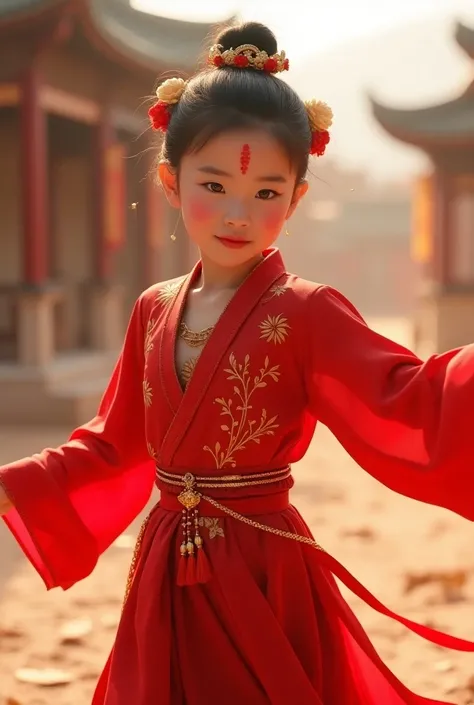 (8k, RAW image, best quality, masterpiece: 1.2), (real, real photo: 1.4), (ultra-detailed 8k unity CG wallpaper), (1 boys: 1.5), vietnamese beauty, (red clothes: 1.4), red spots on forehead, pale skin, blush, big eyes, full body, thighs, exposed navel, gol...