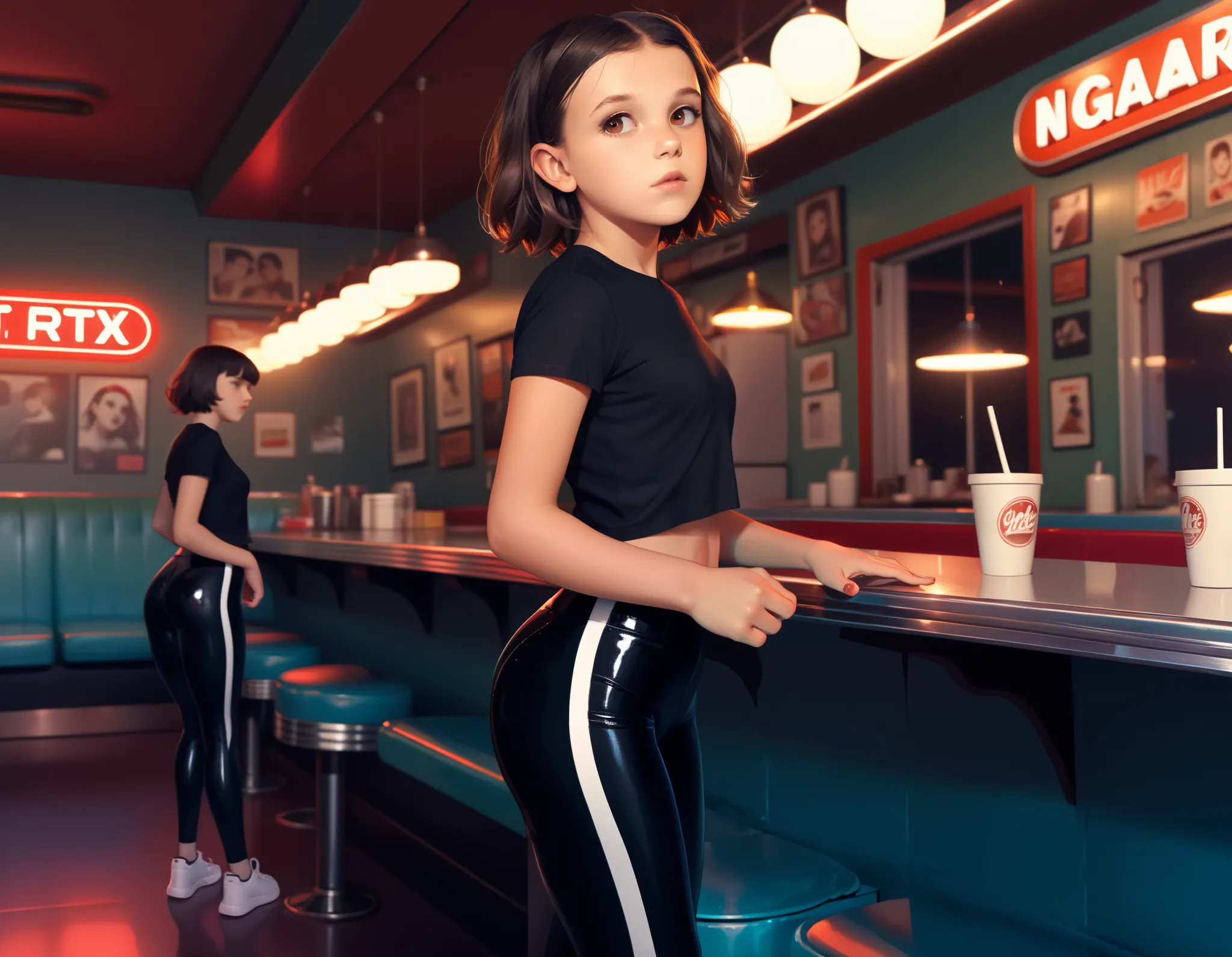 millie bobby brown, , revealing tight plain cotton t-shirt and tight shiny leggings, trainers, standing in a diner at night, (dy...