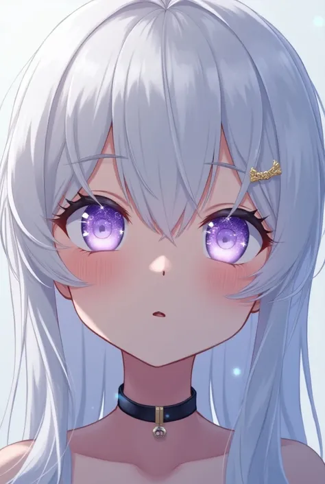 
A white-haired teenager, White eyelashes and eyebrows,  brown skin , Celestial left eye and lilac , right eye with star-shaped pupils and constellations like sparkles in the eyes, With ANIME style