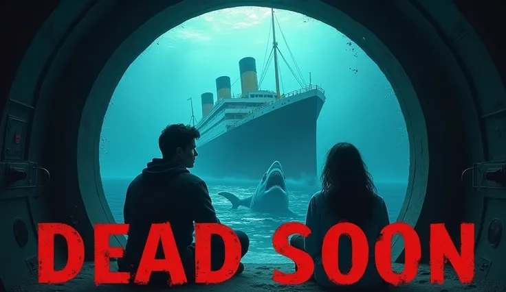 An underwater scene with a two friends sitting in a submarine. And looking very upset. Behind them, theres a large Titanic shipwreck, possibly resembling the Titanic, with three large smokestacks. A large Shark fish attack on them. The water is deep blue, ...