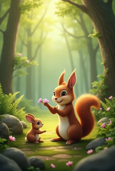 the forest, a squirrel with flowers on her arm ,  next to the bunny goes to the squirrel