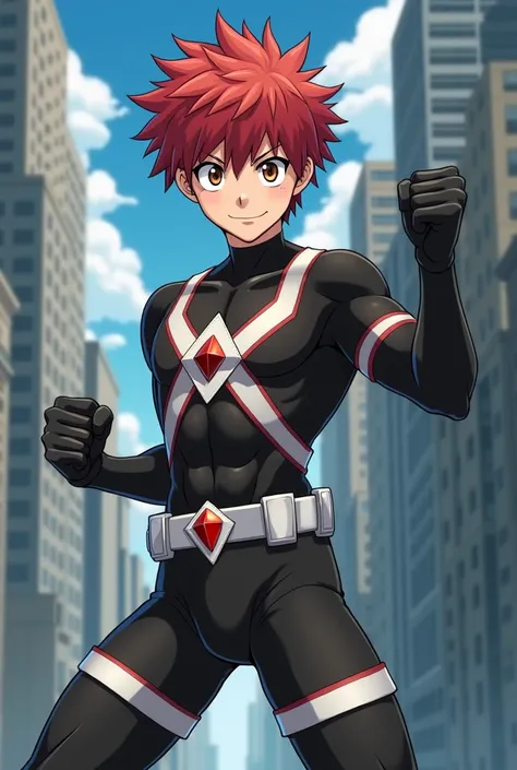 My Hero Academia Style , Anime Boy, male, young male ,Full Body Shot,(fighting stance),short hair, Red Hair,  Brown Eyes ,  small red jewel in the center of the chest,Hero Suit, Full Body Suit, red suit with white details, perfect anatomy, super detailed,(...