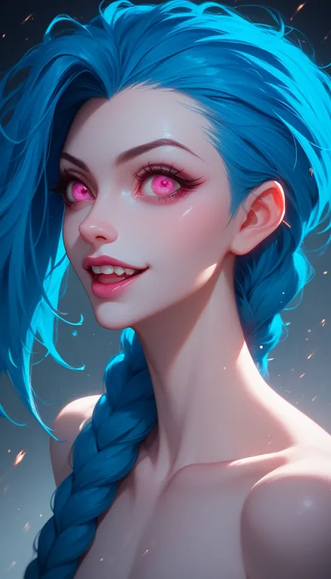 a beautiful detailed girl with crazy blue hair and pink eyes, league of legends character jinx in a dynamic and centered pose, masterpiece, absurdres, hyper detailed, cinematic lighting, highly saturated colors, dramatic atmosphere