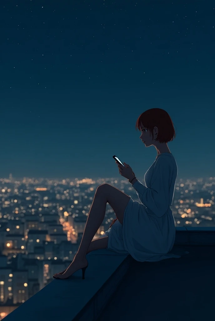 A young woman with short auburn hair sits on the edge of a rooftop at night, gazing out over a quiet cityscape illuminated by distant city lights. She is wearing White mini dress, with her legs casually folded beneath her as she holds a phone. The sky abov...