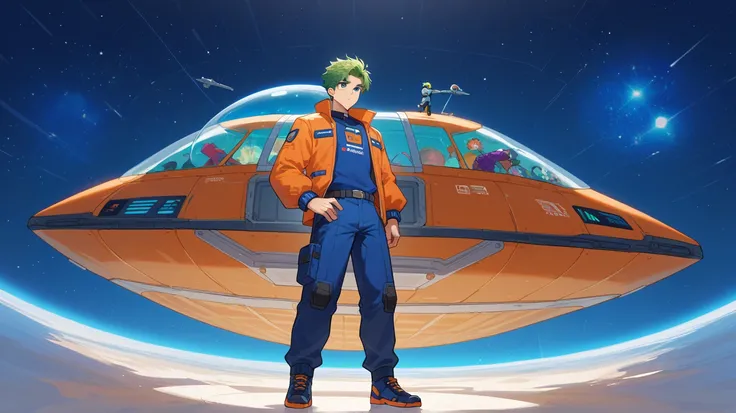 An energetic anime-style boy with bright green hair styled into a messy fauxhawk and vibrant blue eyes, dressed in a white and orange space explorer suit covered in small gadgets and patches. His suit has a modular design, with tools and devices attached t...