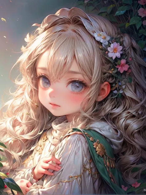 masterpiece:1.2, highest quality:1.2, 8k, CG, photorealistic:1.37, delicate detailed:1.8 (eyes, pupils, lips, face, hair, hand, skin, clothes), sleepy, soft touch illustration, platinum blond, braid, little cute girl (chibi:1.3), Embarrassingly, leaning ba...