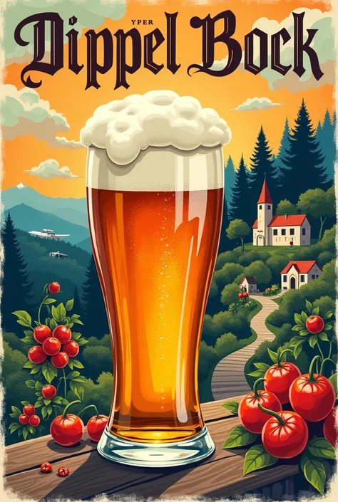 Create a poster that is 80 % illustration that can be recreated in Illustrator , Let it be about promoting Doppel Bock beer from the Kunstmann brewery related to Valdivia and its culture in the background with the focal point of beer 