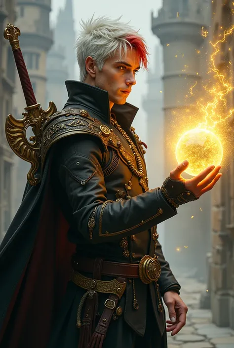 Create magic the gathering style a man with white hair with red highlights with a tuft with yellow eyes wearing a black steampunk jacket with gold ornaments with a golden eagle sword with ornaments on his back with a sphere of yellowish black electrical en...