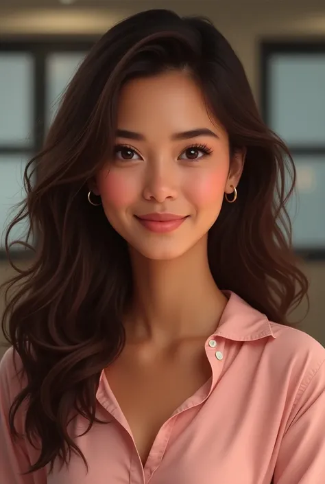  Brazilian woman , with indigenous origin , 28 years old, brown hair, thin chin,  large and flushed cheeks,  wearing rose blouse and office background