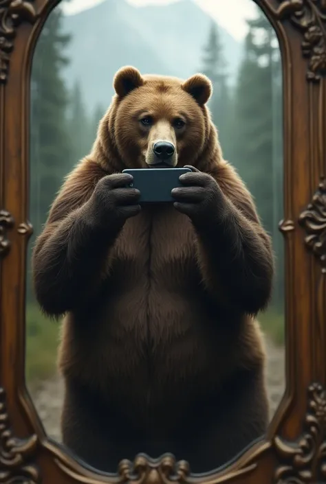  big BEAR taking a selfie with an iPhone with flash in front of a mirror. The bear must be 100% real%