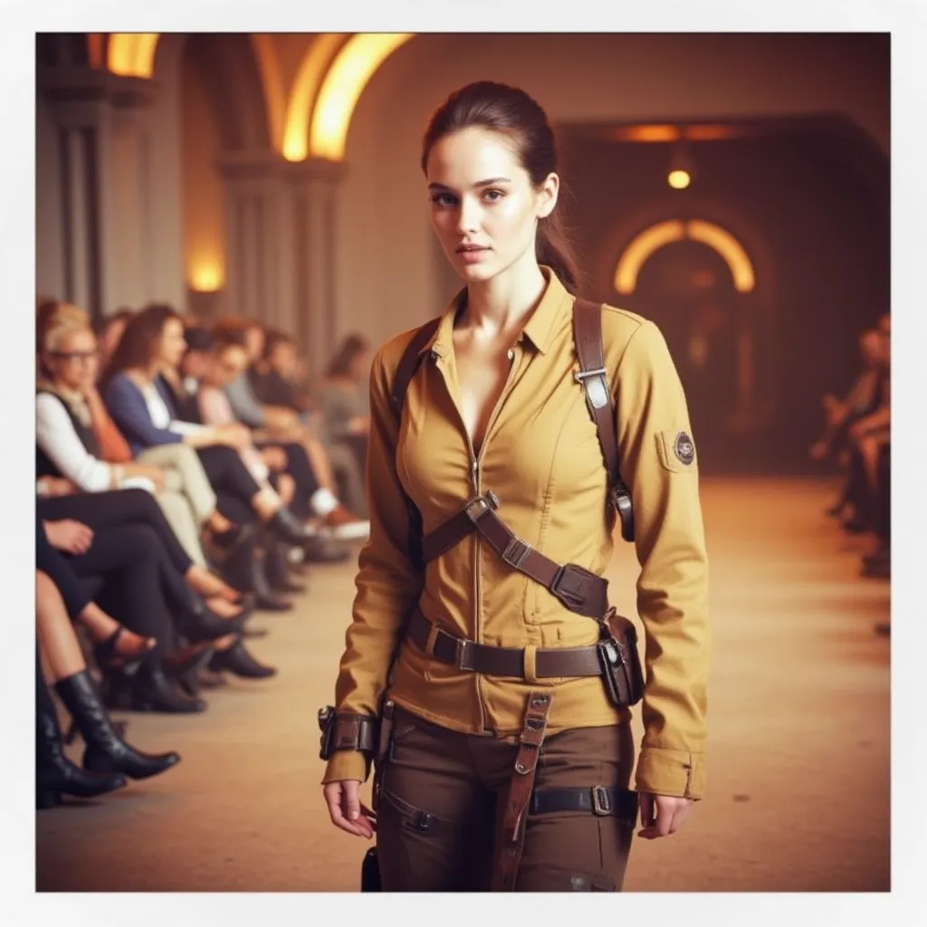 a photograph taken by a photographer accompanying the spfw show, the model is katniss everdeen and is at the end of the catwalk ...