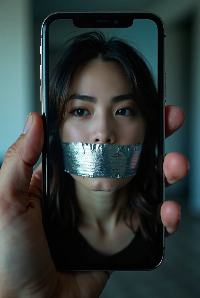 Cell phone with image of woman her mouth taped by silver duct tape