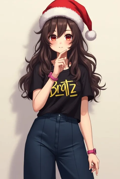 anime woman,  with a Christmas hat on the head ,  with a tender face with dark brown eyes , red lenses ,  hair on the dark brown floor in wavy layers ,  black blouse with a Bratz ,  wide dark blue pants ,  pink watch on the right hand ,  on the right hand ...