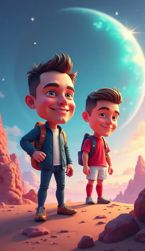 Create a 3D cartoon-style illustration with large heads, Elon Musk and Cristiano Ronaldo set out on an interstellar exploration mission to a newly discovered planet, rumored to contain rare crystals with unknown powers. After a turbulent journey, their shi...