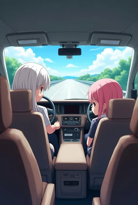 2 young girls  both,white haired school uniform and pink haired school uniform inside of a big luxury furnituric housevan sats on driver seat while white haired at another seat,pov from the middle of the housevan and behind them also both focused on the ro...