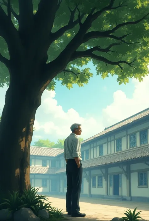 A man stand up under a tree which is in front of a girls school 