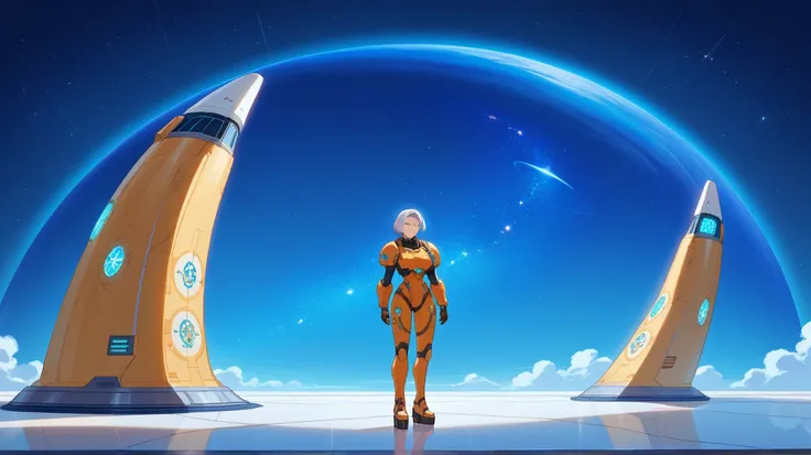 A confident anime-style girl with long, flowing silver hair and piercing blue eyes, dressed in a sleek, form-fitting white and gold space suit adorned with holographic panels on the arms and chest. Her outfit has delicate armor plates on the shoulders and ...