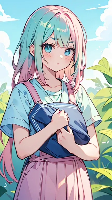 (( pink,Woman with green gradient bifurcated hair and navy blue eyes )),(( Im wearing light blue summer clothes)),bangs,  hair between eyebrows ,Carrying a magic tool