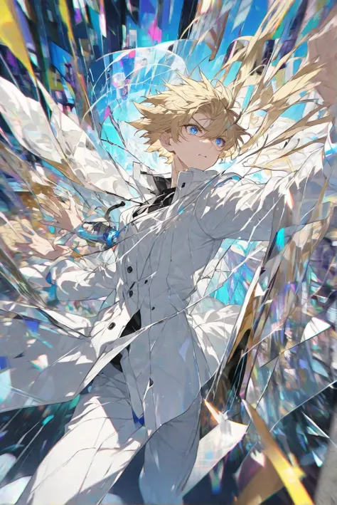 Blonde Hair, Cracked screen , Male, White Coat, Thin, Long Pant,High-angle shot, telekinesis,performance
