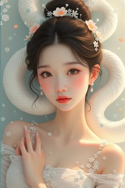  Create a surreal digital painting of a young Asian women , her hair in a bridal bun with a hairpin and pins of tiny white flowers with cool brown hair with a soft random part of her hair falling down. She wears a traditional off-shoulder dress decorated w...