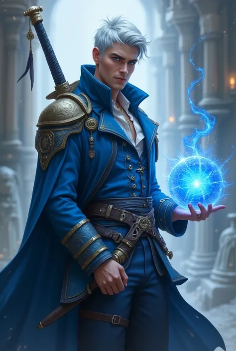 Create magic the gathering style a man with white hair with blue highlights with a tuft with blue eyes wearing a blue steampunk jacket with gold ornaments with a blue draconic sword with ornaments on the back with a blue electric energy sphere pulsating in...