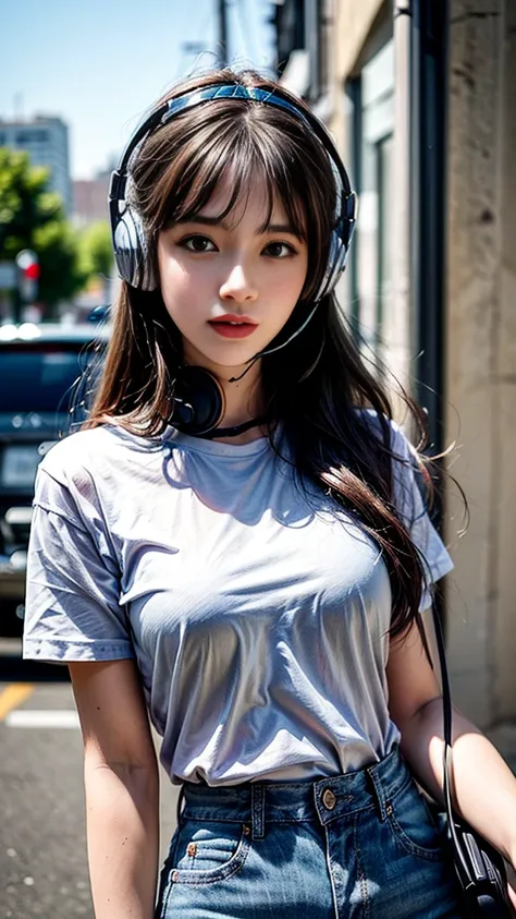  Masterpieces :, Realistic photography, high definition  , 1Girl looking at camera , (Detailed face), Long wavy hair, (, White shirt, Jeans , Military webbing,   High-tech Headphones ),  background is modern city.