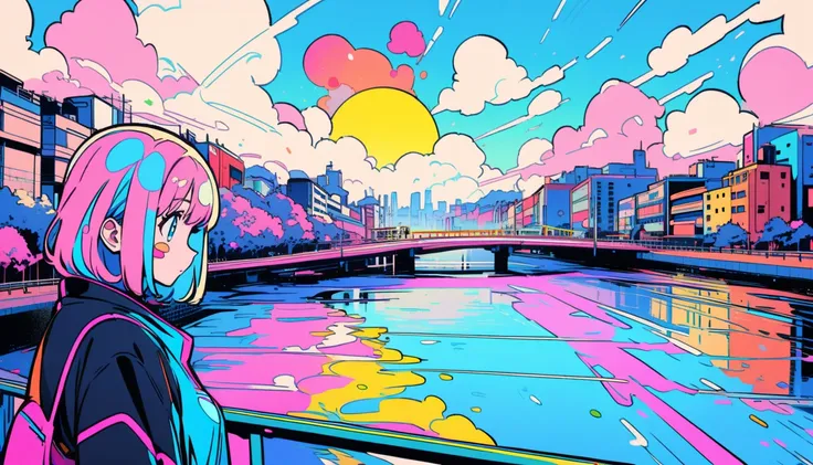 masterpiece, Highest quality, Beautiful attention to detail, Very detailed, In detail, High resolution, Perfect Anatomy, colorful, pastel colour, Girl, (One person:1.5), alone, (City pop illustrations), (City Pop Art), Simple Background, (City Pop Anime), ...