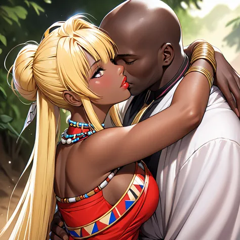 The woman who became the gorgeous and beautiful bride of the African Maasai tribe is a beautiful blonde Fate Testarossa, has a Masai hairstyle, hugs her beloved husbands strong black Maasai man, kisses her vow, and has a wedding and loves each other、((Best...