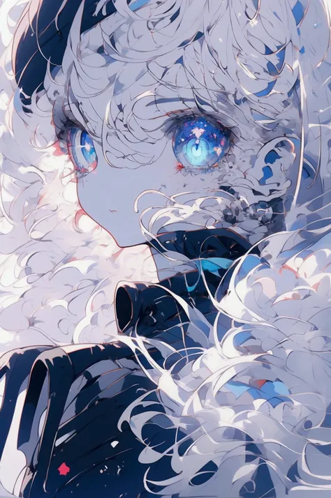 girl with silver-white hair and sky blue eyes like the world with small white clouds around her pupils, wearing a black outfit, highly detailed, cinematic lighting, dramatic pose, photoanime, 8k, masterpiece