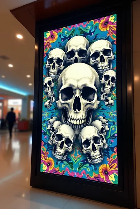  Create an image of an advertisement for an advertising store that is sporty with hippie vibes and that has quite a few skulls at the same time, Give me its location in a shopping plaza  