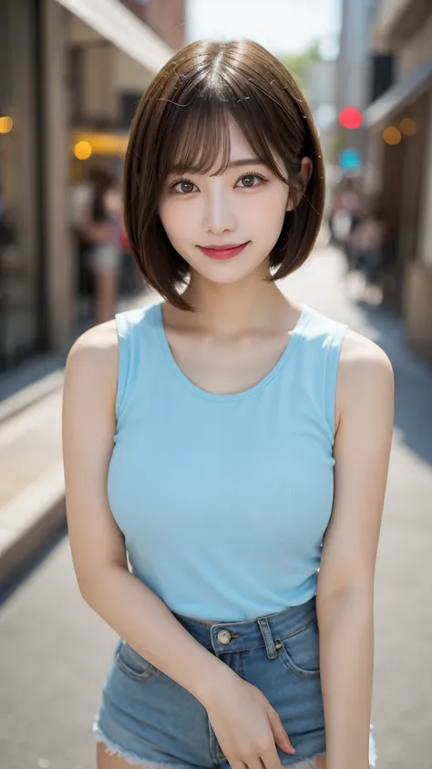  Shopping Street : ((tight cyan blue sleeveless shirt)), denim shorts , Best Quality, shape, 非常に Details,  Details,  Hi-Res, 8k wallpaper,   perfect dynamic composition , beautiful details,   natural lips, Tight Sleeveless T Shirt ,  nipples visible, (((G-...