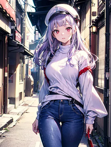 (Approaching:1.3),Realistic,Best Quality, Super detailed, High-quality CG rendering,  THE MOST DELICATE AND BEAUTIFUL ,  Hi-Res, ( 1 girl), (Best Quality,4K,8k,masterpiece:1.2), ( light purple hair :1.5),(Pretty long hair:1.5),(Red eyes:1.5),(pure white sw...