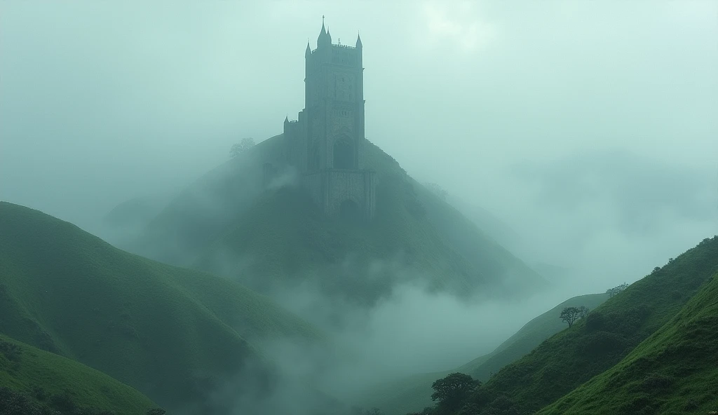 A distant tower hidden among mist-covered hills, with just the top peeking through.