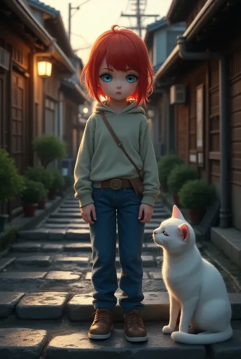 Réaliste, le sujet est " chat avec une petite fille en jean  et cheveux roux sur les marches de pierre", sur les marches de pierre de lancienne ville de Kyoto, au Japon, sur le trottoir en pierre mouillé après avoir éclaboussé de leau, un chat blanc et la ...