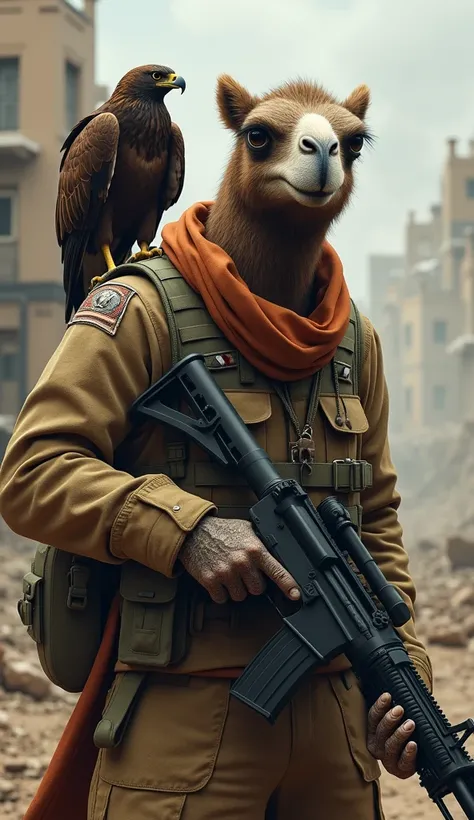 Create an ultra-realistic image of a standing Camel, dressed in military attire, holding a large war firearm. The Camel must have a strong, imposing presence, and its uniform must reflect a combat-ready, high-risk environment. Perched on his shoulder is a ...