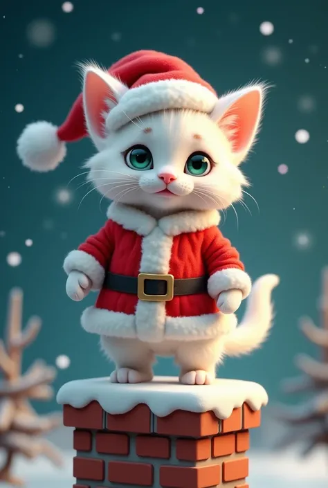  cute white kitten 、 Standing Upright on Two Legs 、 round eyes 、Clear green and light blue eyes 、 Santa Claus costume by geppei、 standing on a brick chimney、Starry sky background、3d、Illustration