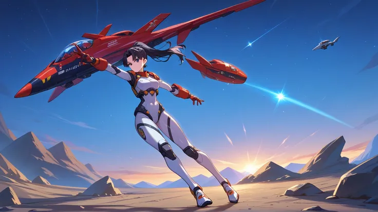 A serious-looking anime-style girl with jet-black hair tied into a high ponytail and glowing violet eyes, wearing a high-tech black and silver armored bodysuit with glowing red accents and sharp, angular patterns. She holds a plasma blaster in one hand and...