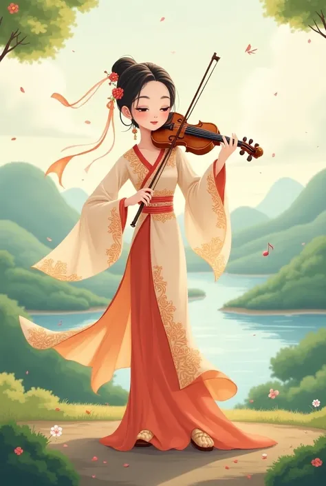 A woman with a veil on her face wears Hanfu and plays the violin cartoon version