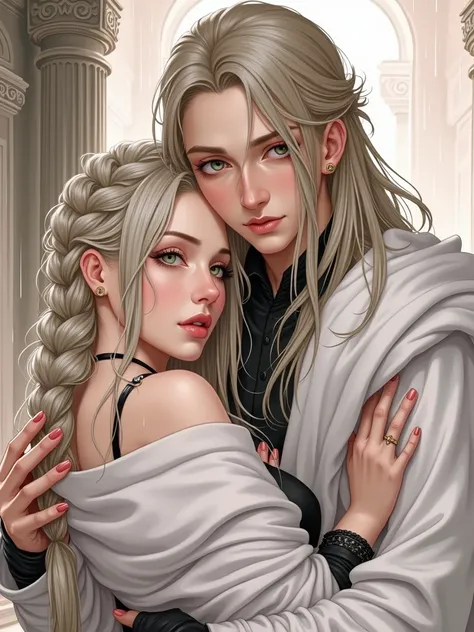  a very beautiful illustration of the , Gorgeous snow-white palace ,  in a huge hall, an incredibly beautiful young blonde femme fatale with long silver-gray hair sits on the floor, long bangs,  with green eyes ,  drawing on her black princess mourning dre...