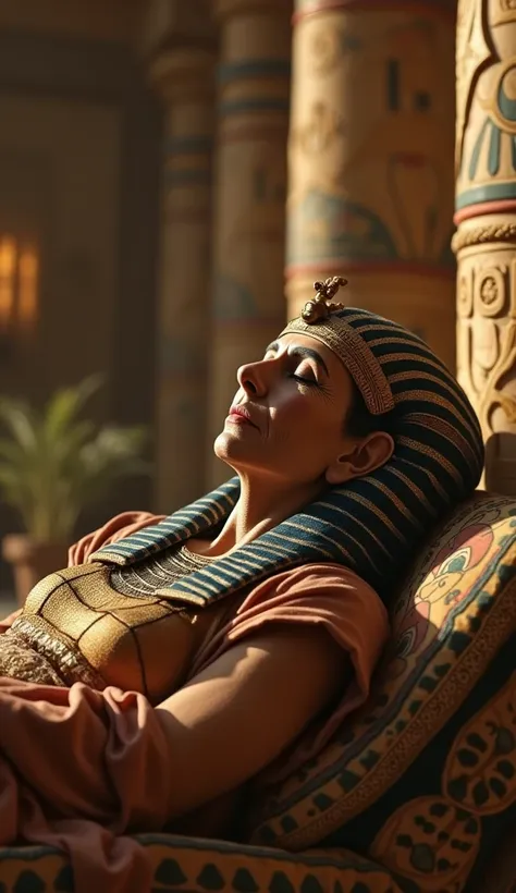 A dignified depiction of an elderly female Egyptian pharaoh, lying peacefully as if deceased, in an ancient Egyptian palace setting. The scene should hint at natural death, possibly from old age, and convey a sense of historical authenticity."
