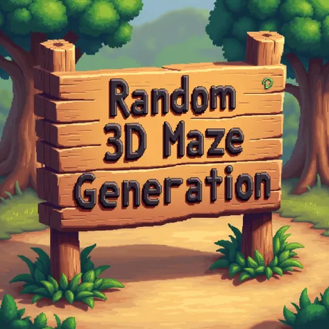 "Create a pixel art style sign inspired by the aesthetic of Stardew Valley. The sign should have a rustic, hand-crafted feel reminiscent of the games charming pixel art. It should feature the text Random 3D Maze Generation in a clear and readable font, pos...