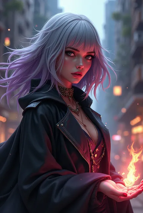 Make a drawing or image of a woman witch or sorceress, about 27 years old, gray hair with purple highlights and her skin has a pale tone, she wears a silver ring with a magical Punk-Rock symbol with a Gothic touch in the GORILLAZ universe, in the city levi...