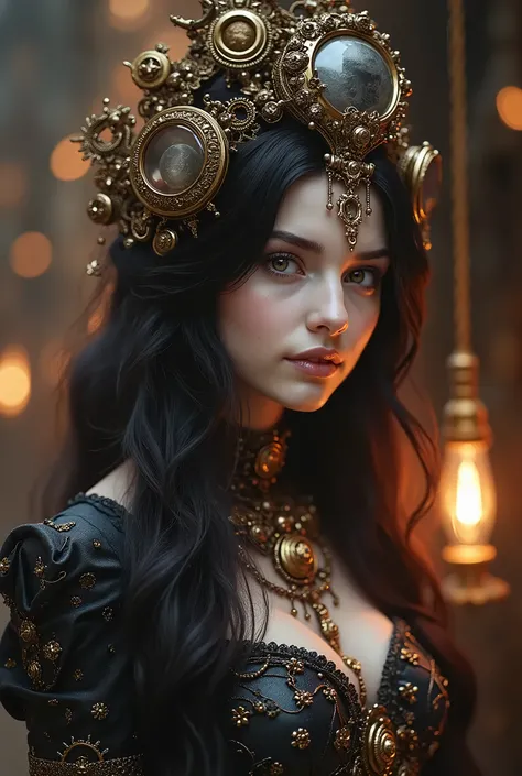 high quality photo, beautiful slim steampunk woman 23 yo, beautiful slim poland woman 23 yo, porcelain white skin, beautiful fantasy portrait, ethereal beauty, girl with long black hair, opened nice eyes. soft undertones, soft contrast, light semi-smile, s...